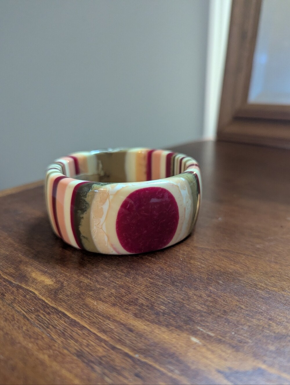 Multicolored Striped Resin Bangle Bracelet Pink Cream Green Thick Statement